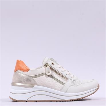 Remonte Lace Wedge Trainer With Side Zip - Cream Combi